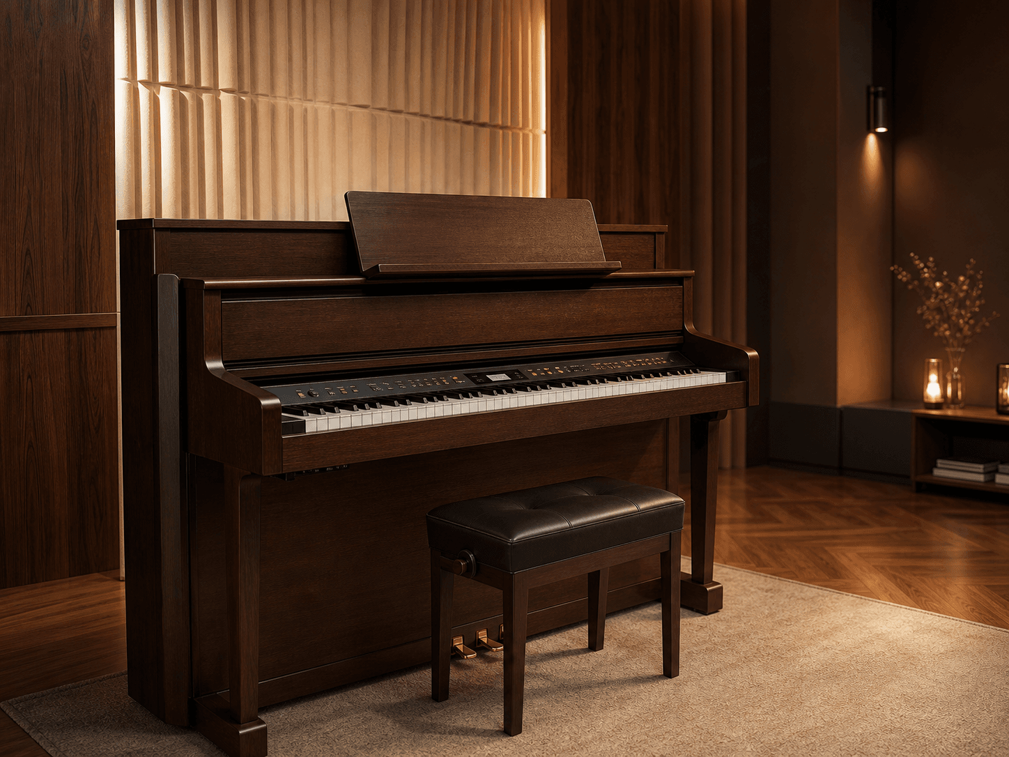 Hybridní piano s elegantní klaviaturou a akustickým vzhledem